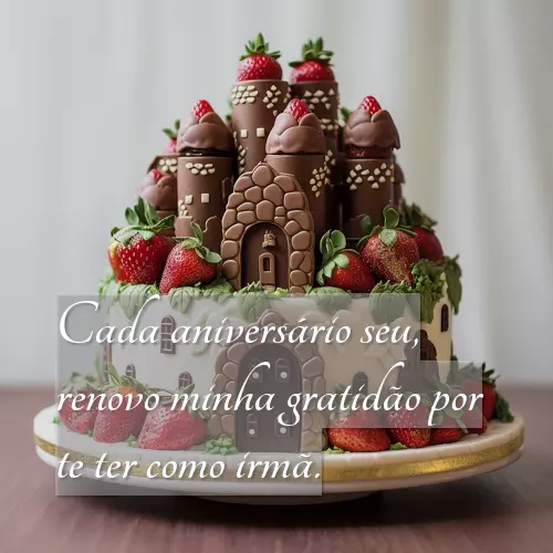 Um bolo de chocolate com morangos em formato de castelo. - Cada aniversário seu, renovo minha gratidão por te ter como irmã.